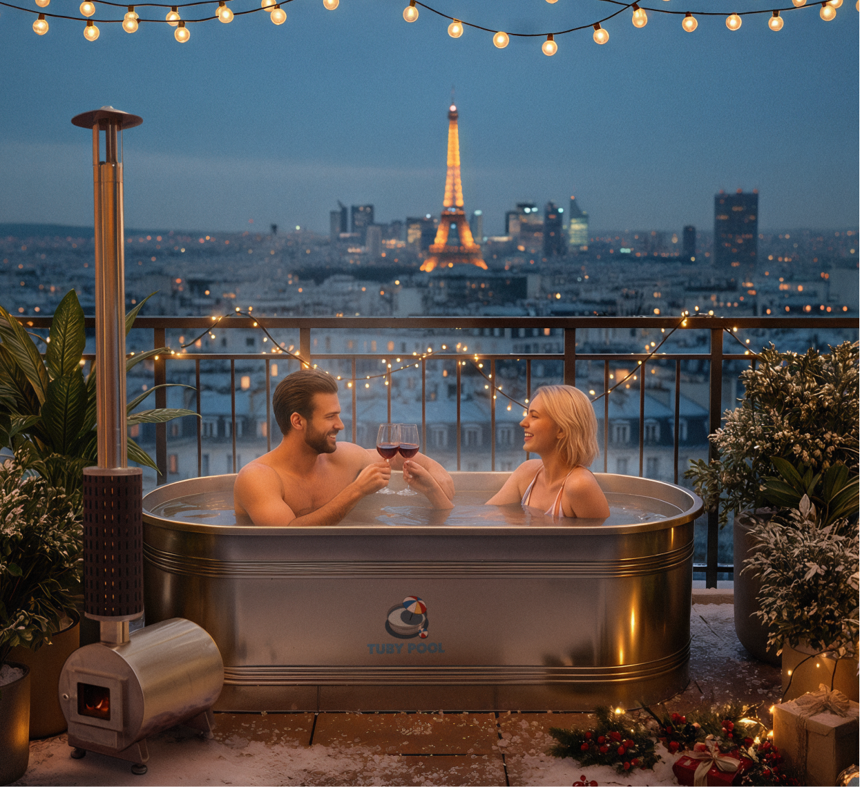 Couple relaxing in a tub with Eiffel Tower at night